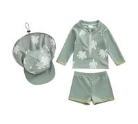 WERNZATT Toddler Baby Boys 3 Pieces Swimsuit Set Swimwear Dinosaur Shark Zipper Bathing Suit UPF 50+ Rash Guards with Hat (Zc Long Sleeve Turtle Green, 12-18 Months)