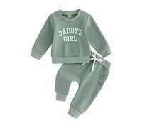 WERNZATT Toddler Baby Girls Fall Clothes Daddy's Girl Outfit Long Sleeve Sweatshirt Tops Drawstring Pants Set 2pcs Sweatsuit (A Green, 0-6 Months)