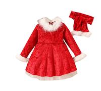 WERNZATT Toddler Girls Christmas Dress Santa Claus Outfit Red Long Sleeve Princess Plush Trim Velvet Xmas Party Dress (J Red, 3-4T)