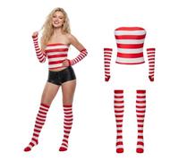 WERNZATT Women Halloween 90s Fancy Dress Red White Striped Accessories Set | Wally Cosplay Costume Adult, with Red And White Striped Strapless Top, Arm Warmers & Thigh High Socks, School Dress up Day