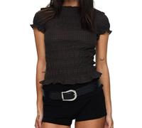 WERNZATT Women Short Sleeve Smocked Shirt Ruffle Hem Crew Neck Y2k Crop Top Slim Fit Shirred Blouse Going Out Tops Summer Streetwear (A Brown, M)