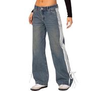 WERNZATT Women Y2k Low Rise Boyfriend Jeans Side Stripe Tie Bow Straight Leg Denim Pants Baggy Wide Leg Cargo Pants Trendy Going Out Streetwear (Blue, L)
