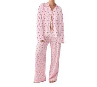 WERNZATT Women's 2 Piece Pajamas Set Floral/Cherry Print Tie-Up Front Long Sleeve Shirts Tops and Pants Loungewear Spring Fall Sleepwear Pj Outfits (Pink, S)