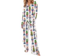 WERNZATT Womens Christmas Pajamas Set Silk Satin Long Sleeve Button Down Shirt Pants Pyjamas Two Piece Comfy Sleepwear Loungewear Holiday Pjs Set (A Nutcracker, M)
