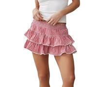 WERNZATT Women's Cute Gingham Tiered Ruffled Mini Skirt Plaid Smocked Waist Pleated A-line Short Skirts Y2K Going Out Streetwear (A Red, S)