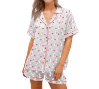 WERNZATT Womens Easter Bunny Pajamas Set Rabbit Print Button Shirts Tops and Shorts Set 2 Pieces Loungewear Soft Sleepwear Outfits (A Bunny&Heart Grey, M)