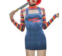 WERNZATT Women's Halloween Creepy Killer Doll Costume Scary Novelty Cosplay Party Clothes Halloween Chucky Doll Suit Fancy Dress Up Outfit (C Blue, L)