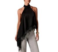 WERNZATT Women's Y2K Lace Trim Satin Halter Top Sleeveless Backless Mock Neck Loose Fit Lace Camisole Sexy Asymmetric Hem Going Out Tank Tops Shirt (Black, M)