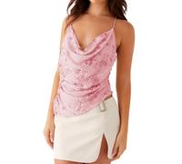WERNZATT Women's Y2K Sequin Halter Crop Tops Sleeveless V Neck Sparkly Pearl Embellished Camisole Glitter Going Out Tank Tops (D Pink, L)