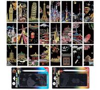 Werownsgso 24 Pcs Scratch Art for Adults, 8.66 X 4.72 inch Rainbow Scratch Notes, Scratch Art Tools Kit with City Landmarks, Paint by Scratch for Friends Gathering Party