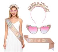 Werownsgso 3 PCS Birthday Girl Accessories Kit Glitter Pink Sash Birthday Headband Heart Shaped Glasses Happy Birthday Accessories for Girl Women Party Supplies