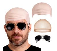 Werownsgso 3PCS Bald Caps for Adults Latex Wig Cap Set with Skin Hairnet and Sunglasses Nude Bald Cap Accessory for Halloween Cosplay Stage Performance Props