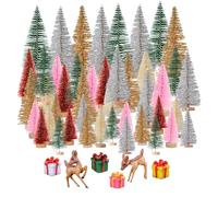 Werownsgso 45PCS Mini Christmas Pine Tree With Deer And Gifts Crafts Miniature Christmas Tree Artificial Sisal Wooden Base Small Pine Tree Deco Table Deco Suitable For Christmas DIY Handmade Party