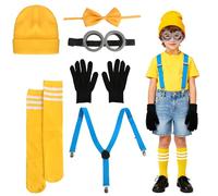 Werownsgso 6Pcs Cute Yellow Costume for Kids Steampunk Goggles Yellow Beanie Knit Hats Stockings Black Gloves Shoulder Strap Bow Tie for Child Halloween Costume Cosplay Accessories
