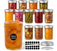 WERTIOO 12 Pack 450 ml Mason Jars with Lids - Airtight Regular Mouth Glass Jars with Silver Metal Lid, Includes Sticker Labels and Marker Pen for Pickling, Jam, Honey, Overnight Oats, Food Storage