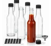 WERTIOO 150ml/5oz Glass Hot Sauce Bottle, 6 pcs Round Condiment Bottles with Leak Proof Screw Caps&Funnel,Small Glass Bottles for Hot Sauces,Oil,Liquor,Home Brewing Wine,Salad Dressings