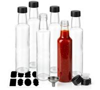 WERTIOO 250ml/8.5oz Glass Hot Sauce Bottle, 6 pcs Round Condiment Bottles with Leak Proof Screw Caps&Funnel,Small Glass Bottles for Hot Sauces,Oil,Liquor,Home Brewing Wine,Salad Dressings