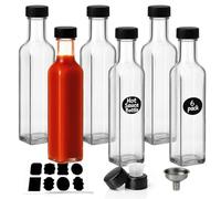 WERTIOO 250ml/8.5oz Glass Hot Sauce Bottle, 6 pcs Square Condiment Bottles with Leak Proof Screw Caps&Funnel,Small Glass Bottles for Hot Sauces,Oil,Liquor,Home Brewing Wine,Salad Dressings