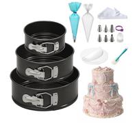 WERTIOO 3 Pcs Springform Cake Tin Set - 4/7/9 Inch Round Cake Tins for Baking - Detachable Carbon Steel Cheesecake Pan with 60 Parchment Liners & Silicone Spatula Piping Bags and Piping Nozzles