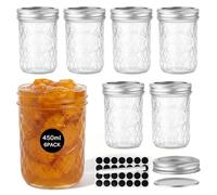 WERTIOO 6 Pack 450 ml Mason Jars with Lids - Airtight Regular Mouth Glass Jars with Silver Metal Lid, Includes Sticker Labels and Marker Pen for Pickling, Jam, Honey, Overnight Oats, Food Storage