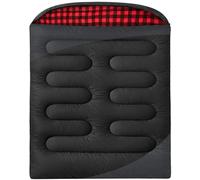 WERTYCITY Double Sleeping Bag for Camping Backpacking Travel Splits into 2 Singles or Blankets Lightweight 50-68°F Queen Size Flannel with Hood, Compression Sack, Black/Red