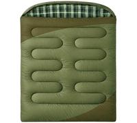 WERTYCITY Double Sleeping Bag for Camping Backpacking Travel Splits into 2 Singles or Blankets Lightweight 50-68°F Queen Size Flannel with Hood, Compression Sack, Green