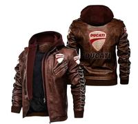 WERUN Motorbike Jackets for Men DU.CA.Ti, Mens Waterproof Jackets with Removable Hood, Warm Stand-up Collar Fleece Windbreaker with Multi Pockets-Brown||L