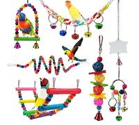 Werwing 7 Pcs Multi-Activity Bird Toys Set | Natural Wood Cage Accessories for Parakeets, Parrots, Cockatiels, Lovebirds | Climbing Chewing Perching Playground