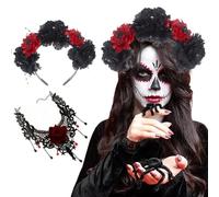 Werwing Women's Headband & Necklace Set - Red-Black Rose Spider Design, Perfect for Halloween, Day of The Dead Parties