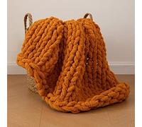 WESHIONGOO Chunky Knit Blanket Throw 40"×40" Knitted Throw Blankets for Couch Bed Fall Throw Blanket Fluffy Soft Blanket with Jumbo Chenille Yarn Thick 100% Handmade (Burnt Orange)