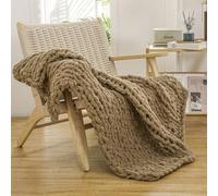 WESHIONGOO Chunky Knit Blanket Throw 40"×40" Knitted Throw Blankets for Couch Bed Fluffy Soft Blanket with Jumbo Chenille Yarn Thick 100% Handmade (Brown)