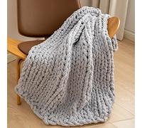 WESHIONGOO Chunky Knit Blanket Throw 40"×40" Knitted Throw Blankets for Couch Bed Fluffy Soft Blanket with Jumbo Chenille Yarn Thick 100% Handmade (Light Grey)