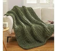 WESHIONGOO Chunky Knit Blanket Throw 50"×60" Knitted Throw Blankets for Couch Bed Fluffy Soft Blanket with Jumbo Chenille Yarn Thick 100% Handmade (Olive Green)