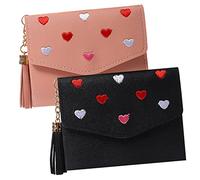 WESIEVYA 2 Pcs Embroidery Heart Wallets -fold Pu Card Holders for Women Girls, Fashionable Small Purse Set for Daily Use, Black and Pink Handheld Coin Pouches