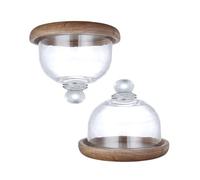 WESIEVYA 2 Sets Wooden Cake Plates with Glass Domes Mini Dessert Trays Storage Tray Preservation for Macaron and Small Cake Serving