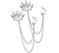 WESIEVYA 2pcs Silver Alloy Brooches Jewelry Set Featuring Crown and Musical Note Designs with Fringe Chain, for Party Or Festival Wear, Stylish Collar Pins for Shirts and Sweaters