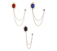 WESIEVYA 3pcs Men's Gemstone Lapel Pins Brooch Set with Tassel Chain, Blue Black Red Sapphire Design, Suit Collar Accessories for Formal and Prom Wear