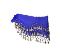 WESIEVYA Blue Chiffon Creates Special Sound Hip Scarf Belly Dance with 128 Dangling Coins, 3-row Hip Belt for Belly Dancing and Halloween Costume Accessories