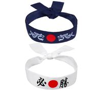 WESIEVYA Japanese Bushido Headband Set 2pcs with White Victory and Blue Mythical Creature Patterns, Fitness Workout Headbands for Men, Sweat-absorbent Sports Hair Accessories for Karate