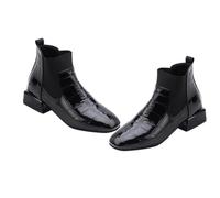 WESIEVYA Patent Leather Square Toe Slip-On Boots for Women, Black Block Heel Ankle Booties with Single Lining, Stylish British Fashion Footwear UK Size 42
