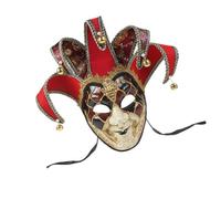 WESIEVYA Red Full Face Venetian Mask Crack Grain Style and Ring Bell Decor, Plastic and Cloth Fabric Material, for Carnival and Animation Exhibition Cosplay