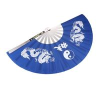 WESIEVYA Stainless Steel Frame Tai Chi Martial Arts Hand Fan, Blue Polyester Folding Fan for Kung Fu Fitness Performance and Dance Practice