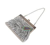 WESIEVYA Vintage Peacock Clutch Bag for Women with Sequin and Bead Embroidery, Silver Polyester Material, Versatile Carrying Options, for Prom and Vintage Themed Gatherings
