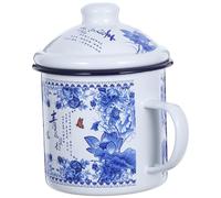 WESIEVYA Vintage Style Enamel Mug 700Ml Sturdy Coffee Tea Cup with Lid Blue and White Porcelain for Travel and Garden Use