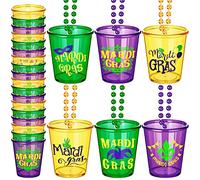Wesiti 12 Pieces Mardi Gras Shot Glass Beaded Necklaces Plastic Carnival Shot Necklace Cups Crown Mask Mardi Gras Bead Cups for Carnival Masquerade Party Supplies, 3 Colors