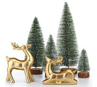 Wesiti 2 Pcs Ceramic Christmas Reindeer Figurines 4 Pcs Mini Christmas Pine Tree Reindeer Decor Deer Statue Sculpture Tabletop Ornaments for Home Mantel Shelves Decor (Gold)