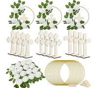 Wesiti 48 Pcs Baptism Centerpiece First Communion Table Decoration 12 Wood Cross 12 Floral Hoop with Stand 24 Foam Rose with Stem for Baptism Baby Shower Wedding(Wood and White,Classic)