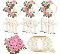 Wesiti 48 Pcs Baptism Centerpiece First Communion Table Decoration 12 Wood Cross 12 Floral Hoop with Stand 24 Foam Rose with Stem for Baptism Baby Shower Wedding(Wood and Pink,Stylish)