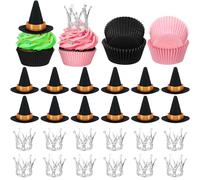 Wesiti 74 Pcs Witch Hat and Crown Cake Topper Witch Theme Cake Decoration Supplies with 24 Black Tiny Hat and Silver Alloy Crown Topper 50 Cupcake Trays for Birthday Party Supplies Crafts Decorations