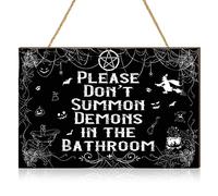 Wesiti Halloween Spooky Front Door Sign Please Do Not Summon Demons in the Bathroom Wooden Hanging Sign Gothic Bathroom Decor Wall Art Witchy Goth Room Decor for Halloween